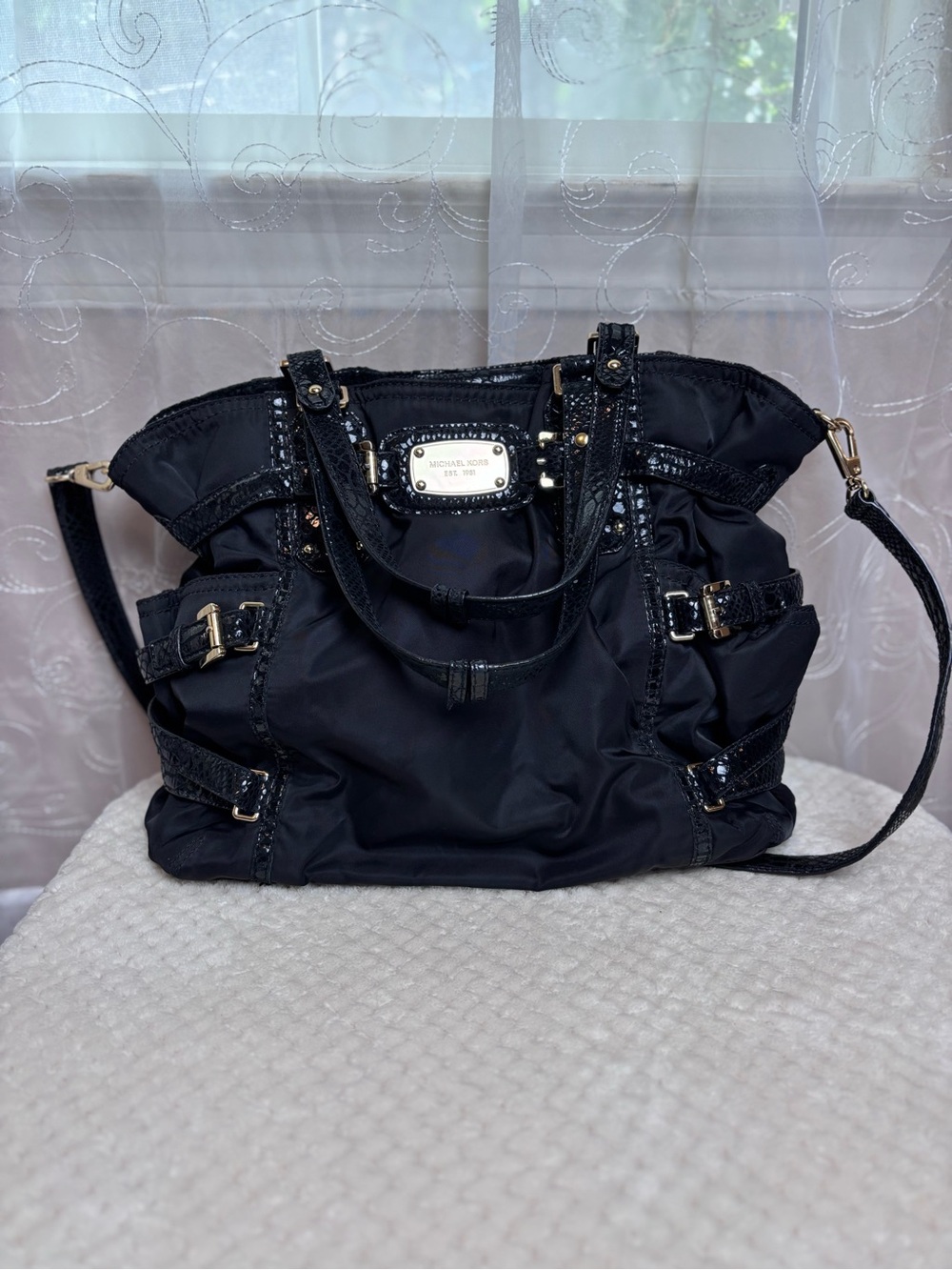 Michael Kors Gansevoort Black Nylon Shoulder Tote with Gold Plaque